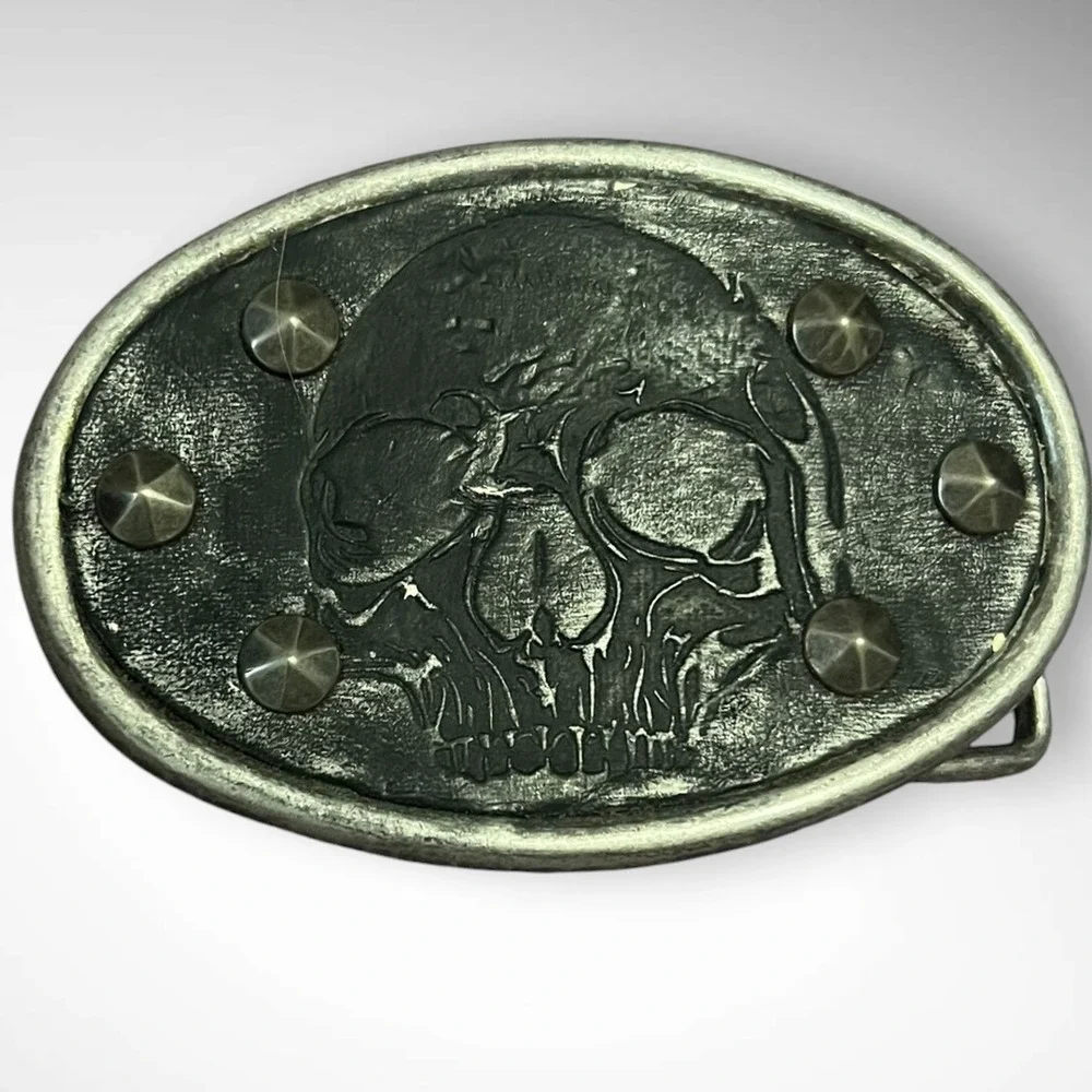 VINTAGE‎ RARE Unisex Studded Leather Skull Metal Belt Buckle | EUC